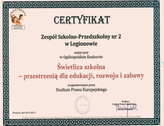 Obraz przedstawia Certyfikat dla świetlicy